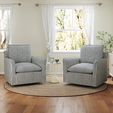Bonzy Home Ensemble de 2 Fauteuils d'Appoint Pivotants, Fauteuil Moderne à Grand Accoudoirs avec Dossier Épais et Coussin, Fauteuils Carrés Rembourrés pour la Lecture, Sofa Simple en Tissu pour Salon, Chambre, Rayure Bleue