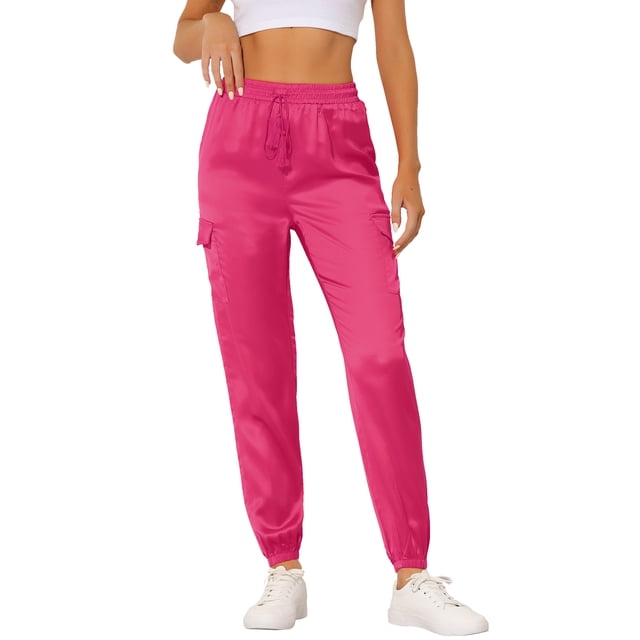 INSPIRE CHIC Women's Satin Cargo Joggers High Waisted Elastic Waist Casual Pants S Rose Red