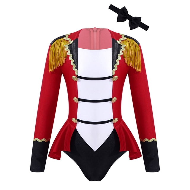 Yeahdor Combinaison Short à Manches Longues pour Filles Enfants, Tenue de Maître de Piste de Cirque, Justaucorps de Danse à Franges avec Nœud Papillon, Rouge, 4