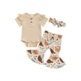 thumbnail image 1 of EYIIYE Toddler Baby Girl 3Pcs Summer Outfits 0 3M 6M 12M 18M Infant Short Sleeve Jumpsuits Ribbed Ruffled Rompers with FloralChick Flare Pants Headbals Fashion Cute Casual Clothes for Daily, 1 of 9