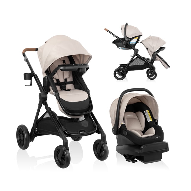 Evenflo Pivot Xpand Travel System w/LiteMax NXT Rotational Infant Car Seat in beige and black, showing a single stroller with large cruiser tires, adjustable UPF 50+ canopy, and leatherette handlebar, a rear-facing infant car seat attached to the stroller frame, and the infant car seat alone with cushioned interior and LockStrong belt tensioning system for secure installation.