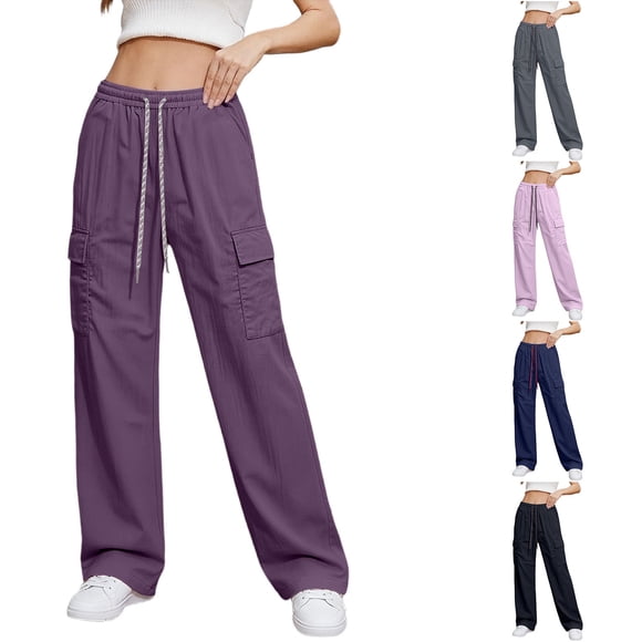 Brqkzdu Womens Cargo Pants Elastic Waist Drawstring Hiking Pants Lightweight Baggy Casual Trousers with Multi Pockets