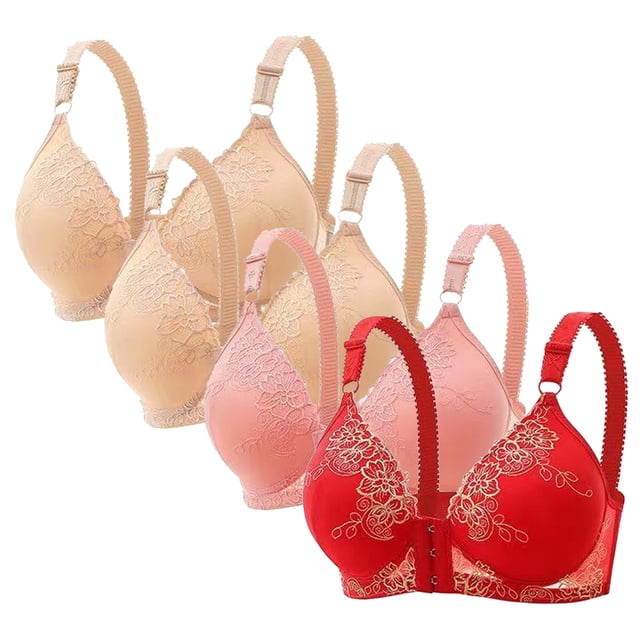 DecSea 4PC Women's Large Lace Breathable Front Opening Bra Wrapped Up Cup Side Fold Breast Lift Bra
