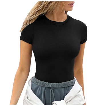 Hauts d'Été pour Femmes à Manches Courtes, Col Rond, Côtelés, Coupe Ajustée, Chandails Décontractés, T-Shirt