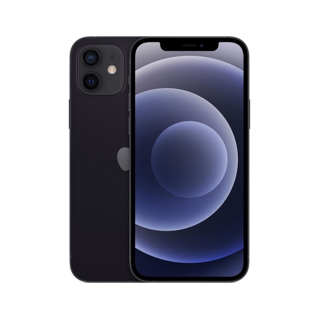 Apple iPhone 12 64GB unlocked phone in black with front and back views, featuring a 6.1-inch Super Retina XDR display, dual 12MP rear cameras in a square module, flat-edge design, 5G connectivity, and MagSafe wireless charging compatibility.