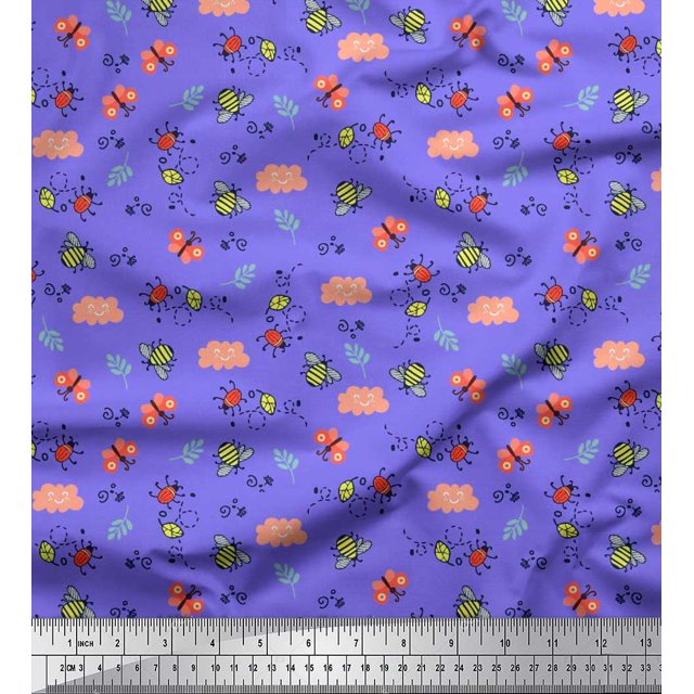 Soimoi Tissu Crêpe en polyester Violet Abeille & Bouillotte Abeille Insectes Tissu Imprimé 1 Yard 42 Pouces de Large