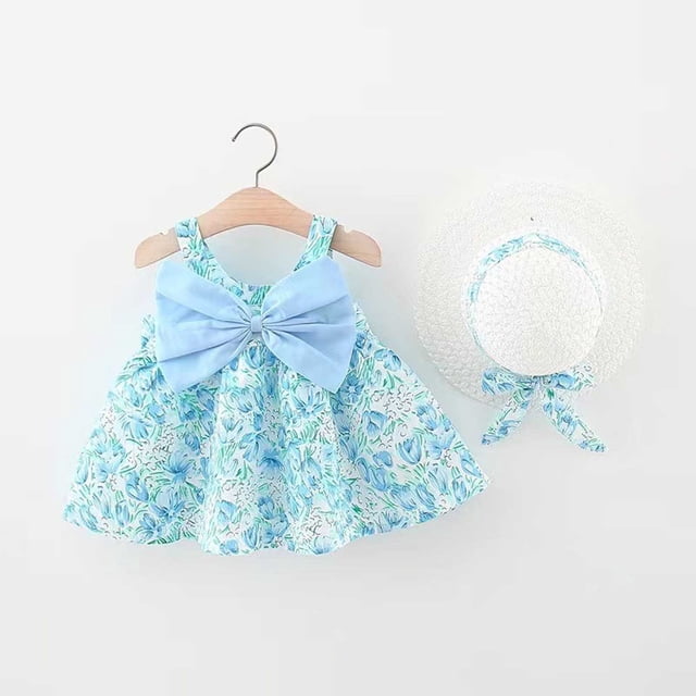 Robe Sans Manches pour Bébé Fille, Robe Tutu pour Bébé, Robe d'Été pour Bébé Fille avec Chapeaux, Ensemble 2 Pcs, Robe de Fête pour Bébé 1-2 Ans