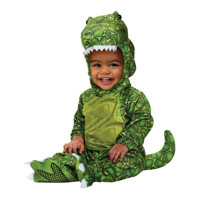 Baby in 6-12 months size Tricky T-Rex Halloween costume featuring green scaled fabric, tail, and clawed foot covers