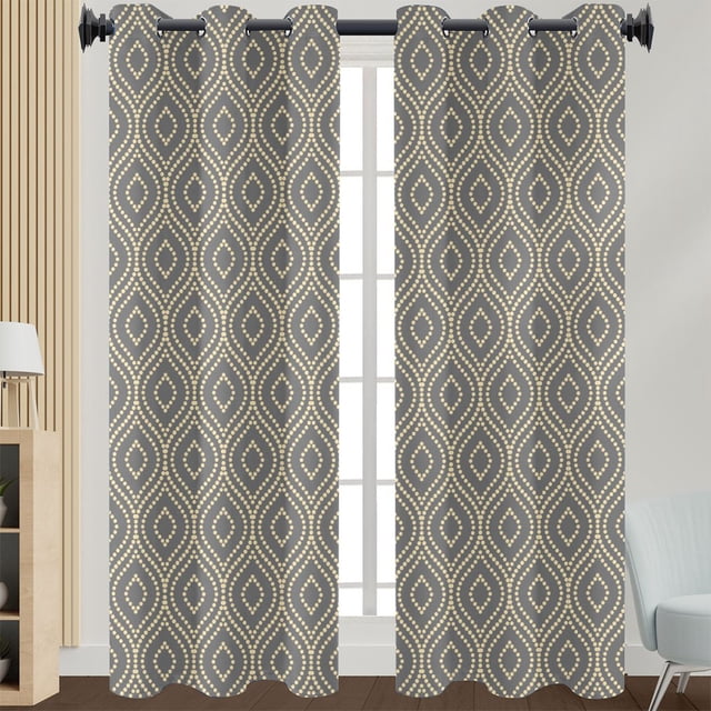 Innerwin Curtain Floral Window Drape Blackout Eyelet Top Panel Grommet Modern Home Decor Light Filtering Style 5 W:43"xH:85". A pair of semi-shading polyester curtains with a floral-inspired geometric pattern in neutral tones. Each panel features silver metal grommets for easy hanging and smooth sliding. The curtains are designed to filter light, providing a cozy ambiance while maintaining privacy. Suitable for living rooms, bedrooms, or dining areas. Shown in a modern interior with a light-filled window and minimalist decor.