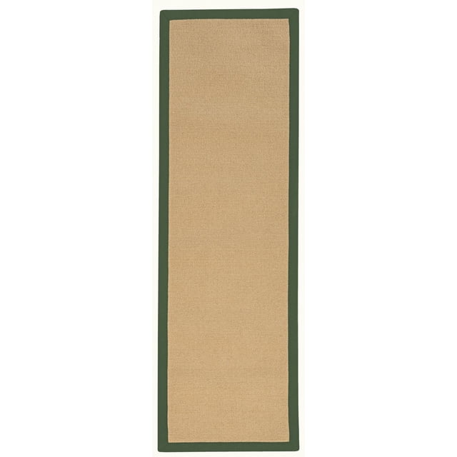 Athena Sisal & Green 2'6" x 8' Runner rug with a natural beige wool center and hand-finished dark green cotton binding, tufted with mitered corners, designed for durability in high-traffic areas and suitable for layering in kitchens or laundry rooms.
