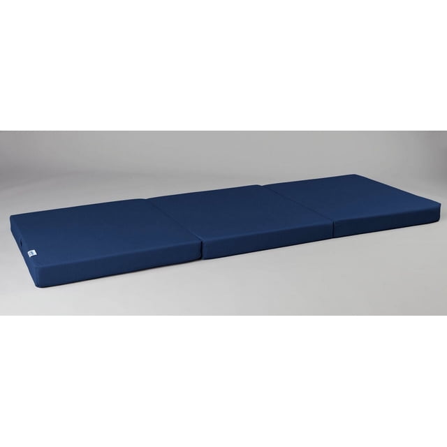 Bodyform® Orthopedic Fold-Away, Portable, Guest Bed - Large Blue unfolded flat with three connected foam mattress sections covered in smooth blue polyester/cotton fabric on a plain light grey background, suitable for compact guest sleeping and easy storage.