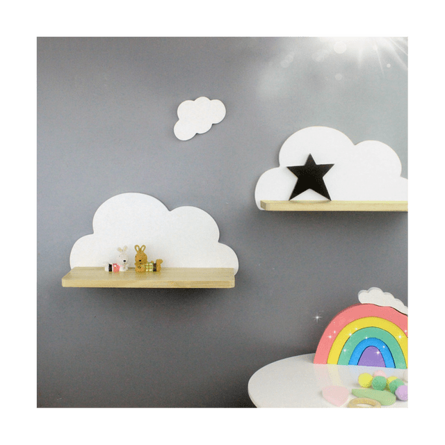Wall Shelf Cloud Mount Rack Storage Wood Decor Mounted Folding Shape Wooden Shelving. A set of white cloud-shaped wooden wall shelves mounted on a grey wall. The shelves feature a minimalist design with a natural wood base and white cloud-shaped back panels. One shelf displays small decorative items, while another holds a black star ornament. A colourful rainbow decoration is visible on a nearby table. Ideal for organizing and displaying items like books, plants, or souvenirs in a stylish and functional way.