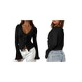 thumbnail image 3 of Women Ruffle Tie Front Cardigan Sweater Long Bell Sleeve Cropped Knit Sweater Top Black S, 3 of 7