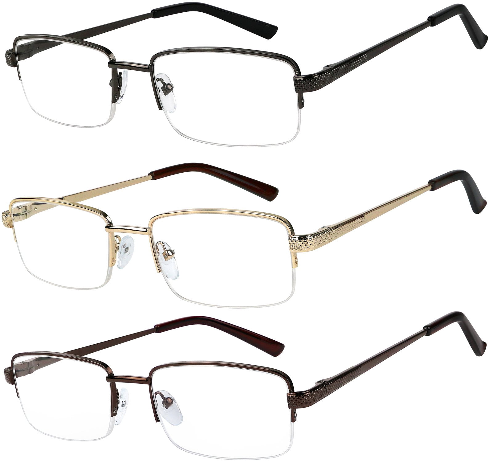 Success Eyewear Reading Glasses Set of 3 Half Rim Metal Glasses for Reading Quality Spring Hinge Readers Men and Women +2