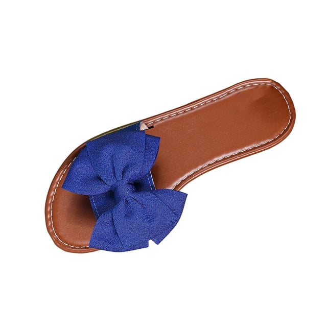 FRSASU Women's Bow Knot Slides Open Toe Flat Sandals Summer Beach Soft Slip On Slippers Blue