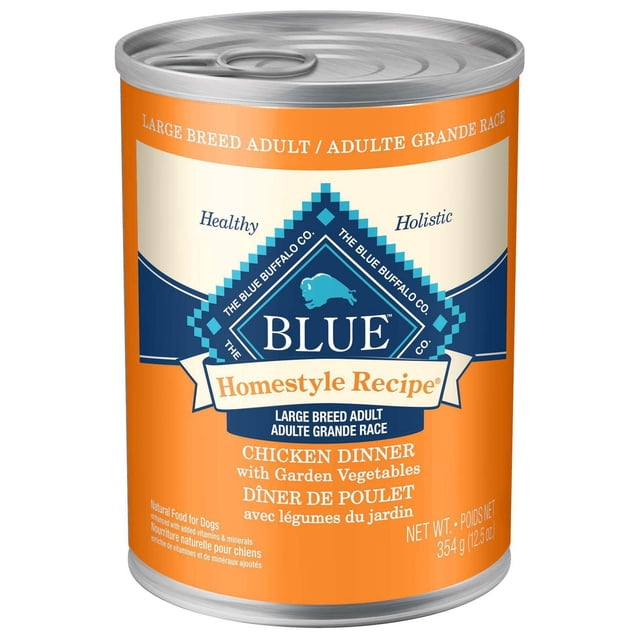 Blue Buffalo Homestyle Recipe Large Breed Chicken Dinner Wet Dog Food can with orange and blue label, featuring real chicken and garden vegetables, natural ingredients enhanced with vitamins and minerals, formulated for adult large breed dogs, net weight 354 g (12.5 oz).