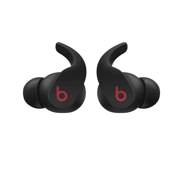 Beats Fit Pro True Wireless Earbuds in black with red Beats logo, featuring flexible secure-fit wing tips and ergonomic in-ear design for active use, shown front-facing on white background.