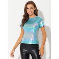 thumbnail image 3 of INSPIRE CHIC Women's Party Metallic Textured Short Sleeve Shiny Multicolor Top X-Large Blue Shiny, 3 of 5