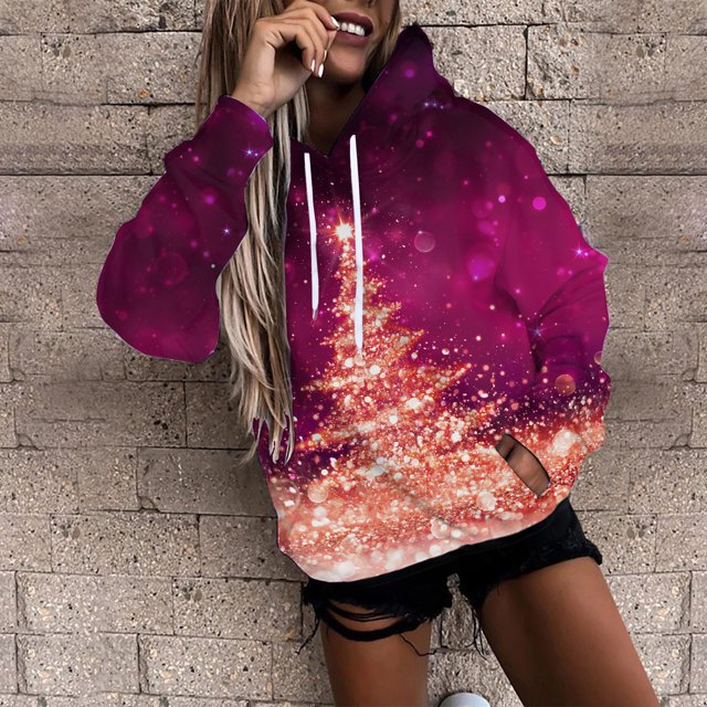 Chandail à Capuchon Surdimensionné de Noël pour Femmes, Imprimé Mode, Hauts à Enfiler, Manches Longues, Blouse à Capuche, Chandail, Cadeau de Noël en Liquidation
