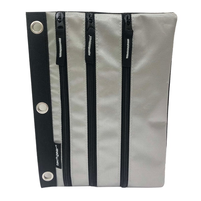Tech Gear Pochette Classeur à 3 Fermeture Éclair en nylon Argenté avec Garniture Noire, Comprenant Trois Compartiments Verticaux à Fermeture Éclair et des Oeillets Métalliques pour s'Insérer dans un Classeur à 3 Anneaux, Idéal pour Organiser des Stylos, des Crayons et des Fournitures de Bureau.