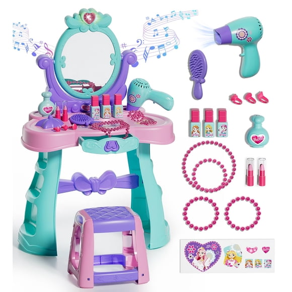 Lehoo Castle Coiffeuse et Chaise pour Enfants avec Miroir, Lumière et Musique, Table de Maquillage pour Tout-Petites Filles avec Tabouret & Séchoir à Cheveux, Ensemble de Coiffeuse pour Jeu de Rôle Princesse,