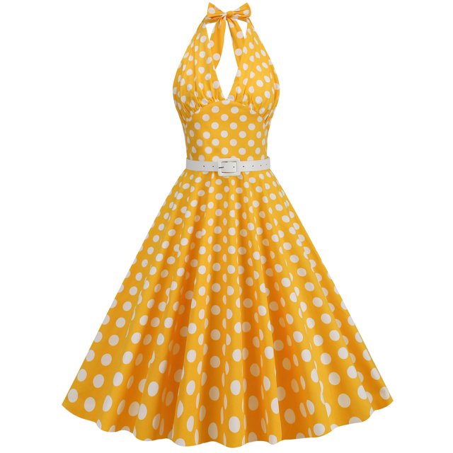 Birdeem Robe de Soirée pour Femmes, Confortable, d'Été, à Manches Courtes, Dos Nu, Col en V, Vintage, Coupe Régulière, à Pois