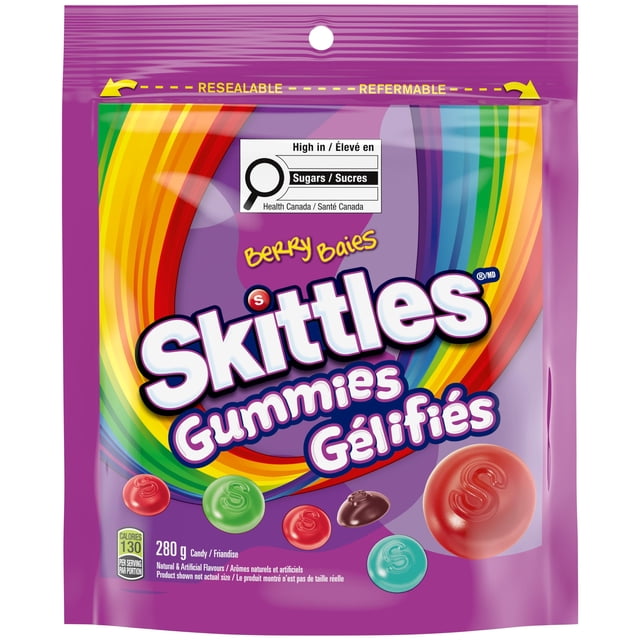 SKITTLES Wild Berry Gummy Candy Sharing Bag 280 g in resealable purple packaging with a rainbow arc and multicoloured berry-flavored gummy candies including red, green, brown, and blue pieces, marked high in sugars by Health Canada, ideal for sharing and on-the-go snacking.