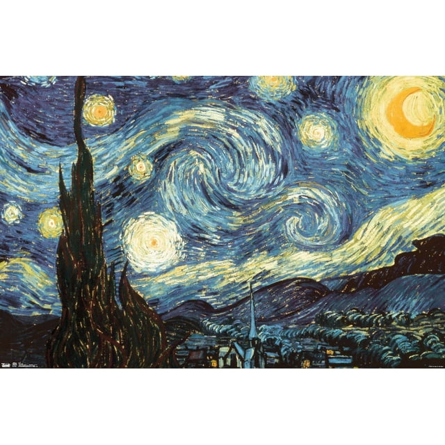 La Nuit Étoilée par Vincent van Gogh Affiche Murale, 22,375 Pouces x 34 Pouces, Représentant un Ciel Nocturne Tourbillonnant Bleu et Jaune avec des Étoiles Brillantes et un Croissant de Lune au-Dessus d'Un village Sombre et un Haut Cyprès, Imprimée sur Papier d'Art photo Brillant pour Rehausser les Couleurs, Parfaite pour Décorer des Chambres, des Bureaux Ou des Dortoirs.