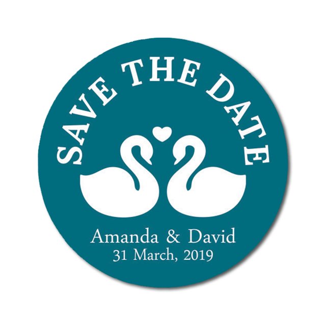 Darling Souvenir Round 45 Pcs Loving Swans Save The Date Stickers Personalized Bride Groom Names And Date Envelope Seals - Teal Blue