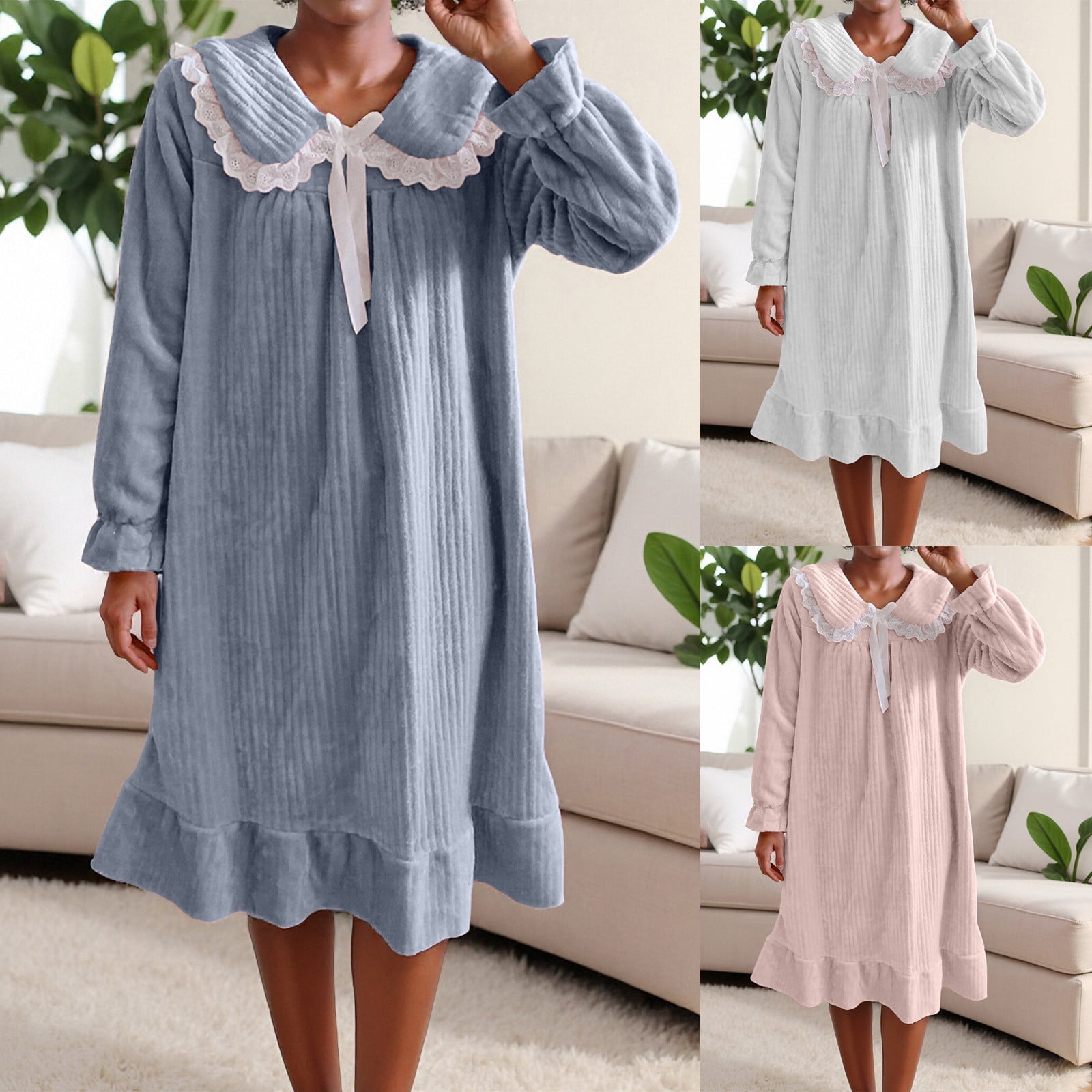 Yuyuzo Robes de Pyjama pour Femmes Peignoirs en Flanelle Polaire Duveteux à Manches Longues Robe de Chambre Col Mignon Chaud Long Peignoir