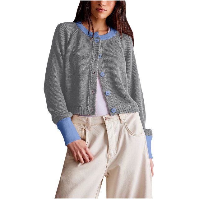 Penkiiy Womens Cropped Cardigan Sweaters Button Down Open Front Long Sleeve Fall Trendy Color Block Knit Coats L Gray