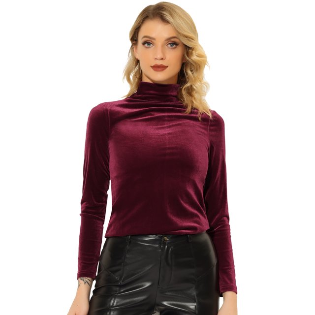 INSPIRE CHIC Chemise à Manches Longues pour Femme Col Montant en Velours Extensible Col Roulé Blouse Basique Hauts Bourgogne m