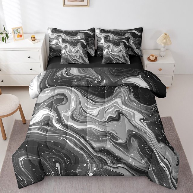 YST Dark Gray Marbling Bedding Comforter Set Abstract Geometry 7-Piece Bed in a Bag, Full Size