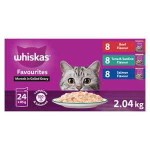 WHISKAS FAVOURITES Morsels de nourriture pour chats mouillés adultes dans la saveur de boeuf gras Gellé, thon & Sardine Flavour et Saumon Flavour Variety Pack, (24) 85g Pochette
