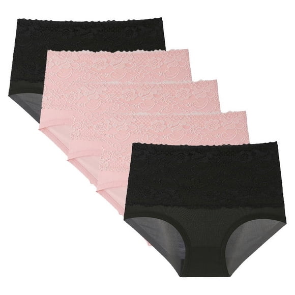 Pisexur sous-Vêtements Femme Antibactériens Confort Contrôle du Ventre sous-Vêtements Femme 5 Pcs Femme Dentelle Taille Haute Short Gainant Shapewear Culottes Rose,3TG
