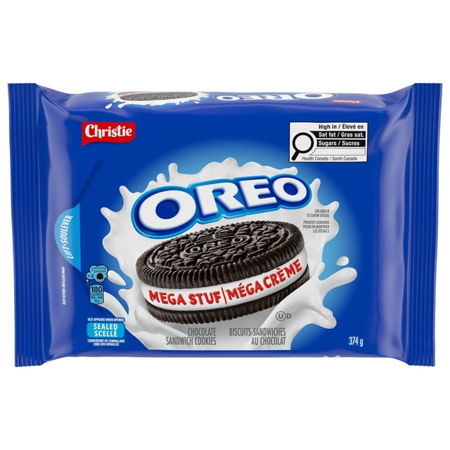 OREO Mega Stuf Chocolate Sandwich Cookies in a blue resealable 374g package showing a close-up of a chocolate sandwich cookie with triple creme filling, labeled Mega Stuf, with nutrition info and sealed freshness, suitable for snacking or sharing.