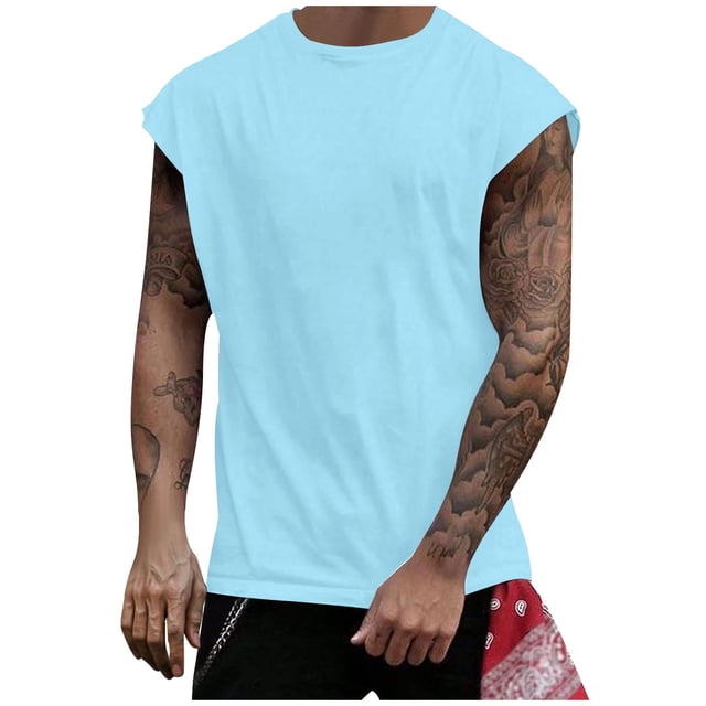 BADHUB Mens Workout Hooded Tank Tops Drawstring Muscle Stretch Sleeveless Solid Color Shirts Loose Gym Vest Clearance Light Blue S