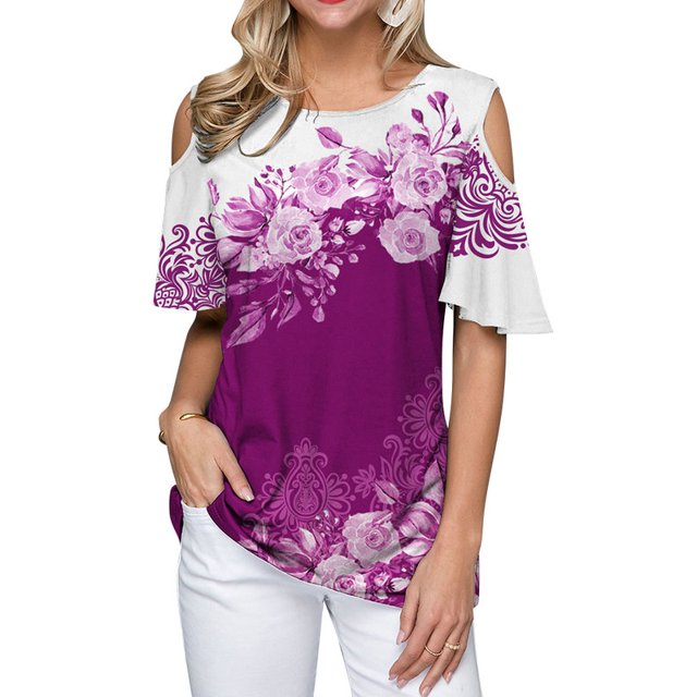 DYMADE Women Round Neck Off Shoulder Short Sleeve Floral Casual Top