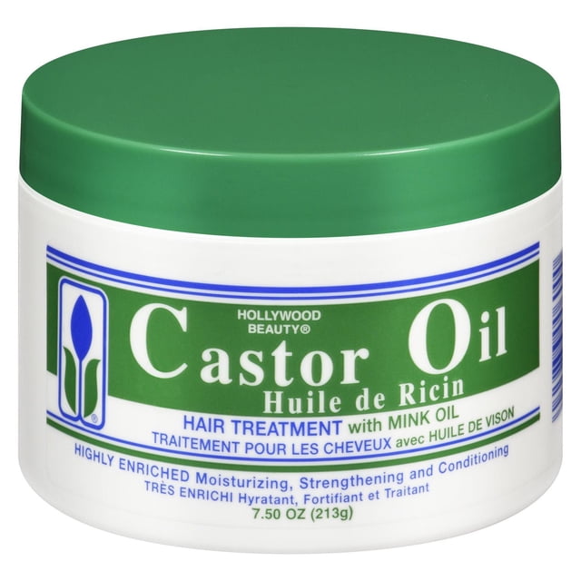 Hollywood Beauty Castor Oil hair treatment jar with green lid and white container, enriched with mink oil for moisturizing, strengthening, and conditioning hair and scalp, 7.50 oz (213g), ideal for daily use to prevent split ends and breakage.
