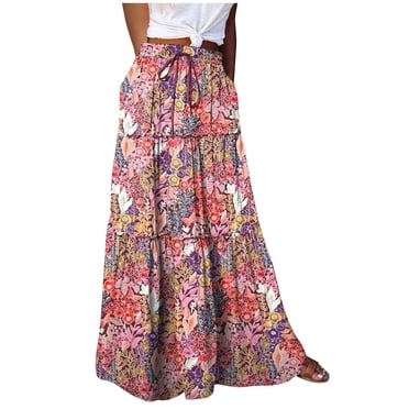 Pisexur Jupe Bohème à Fleurs 2024 pour Femme, Décontractée, Taille Haute Élastique, Jupe Maxi Bohème à Volants, Fluide, Ligne A, Longue de Plage avec Poches Latérales