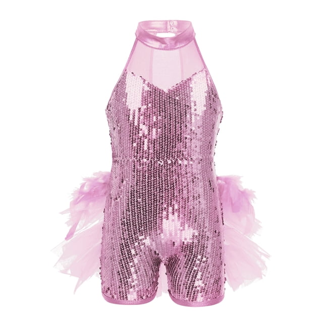 Linjinx Robe Tutu de Danse Ballet à Sequins Brillants pour Filles, Costume de Performance Jazz Latin Moderne Rose 5