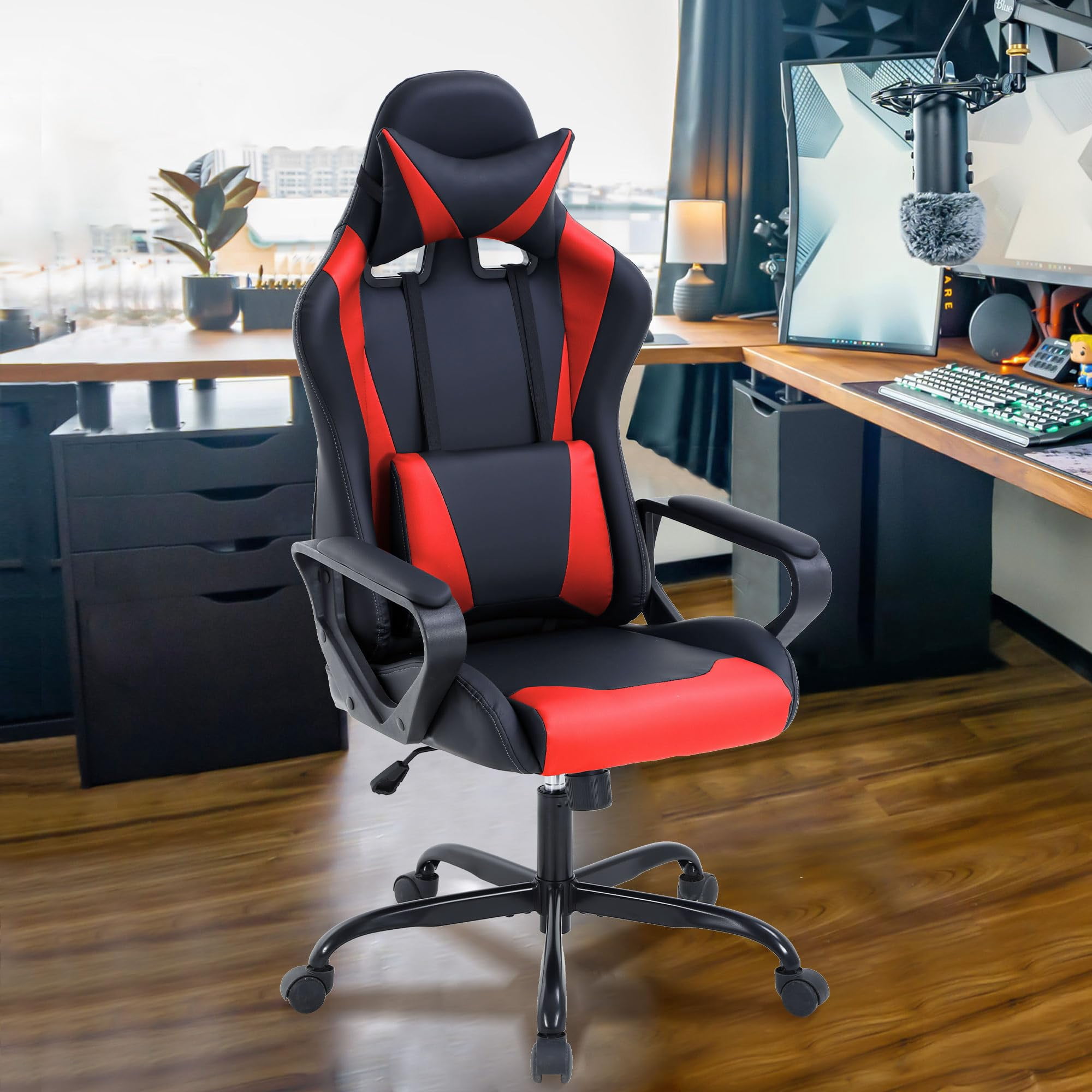 Video Gaming Chair, PU Leather Racing Chair, Ergonomic Office Chairs High Back Gamer Chair Computer Desk Chairs Lumbar Support with Arms Swivel Chair  for Adults(Red)