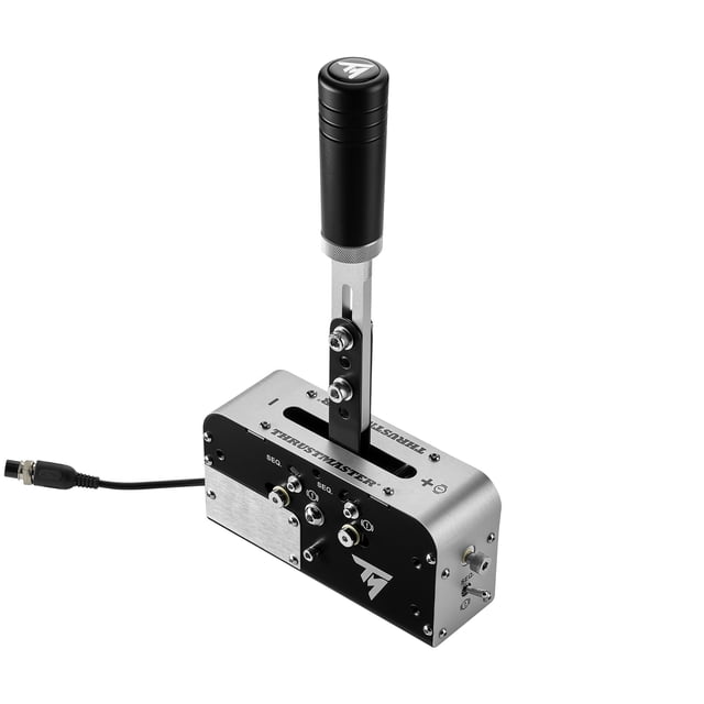 Thrustmaster TSSH Sequential shifter & handbrake with a vertical brushed steel lever and black cylindrical grip, mounted on a steel and black metal base with adjustment screws and logo, featuring progressive handbrake and sequential shifter modes for precise rally racing control on PS5, PS4, Xbox Series X/S, One, and PC.