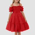 thumbnail image 2 of YDFCWXW Girls Cold Shoulder Shirred White Off Shoulder Ruffle Sleeve Summer A-Line Princess Sundress (Red, 18-24 Months), 2 of 8