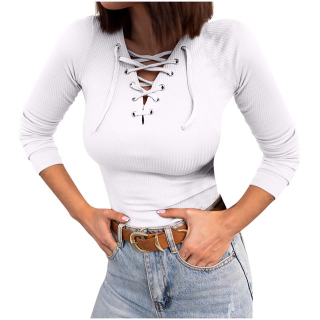 IROINID Rabais Chemises à Manches Longues pour Femmes à Col en V Automne Blouse Ample Chandail de Détente Hauts Blouses, Blanc