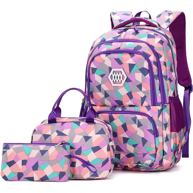 LAICAIW Geometric-Print Backpack and Lunch-Bag Set for Girls, featuring a 3-piece set including a large backpack, lunch bag, and pencil case. The backpack showcases a vibrant geometric pattern in pink, purple, teal, and grey tones, with multiple compartments including a padded laptop section, three front pockets, and two side pockets. Designed for comfort with widened, breathable shoulder straps and a padded back panel. Suitable for elementary school use, with approximate capacities of 35 liters for the large size and 19 liters for the small size.