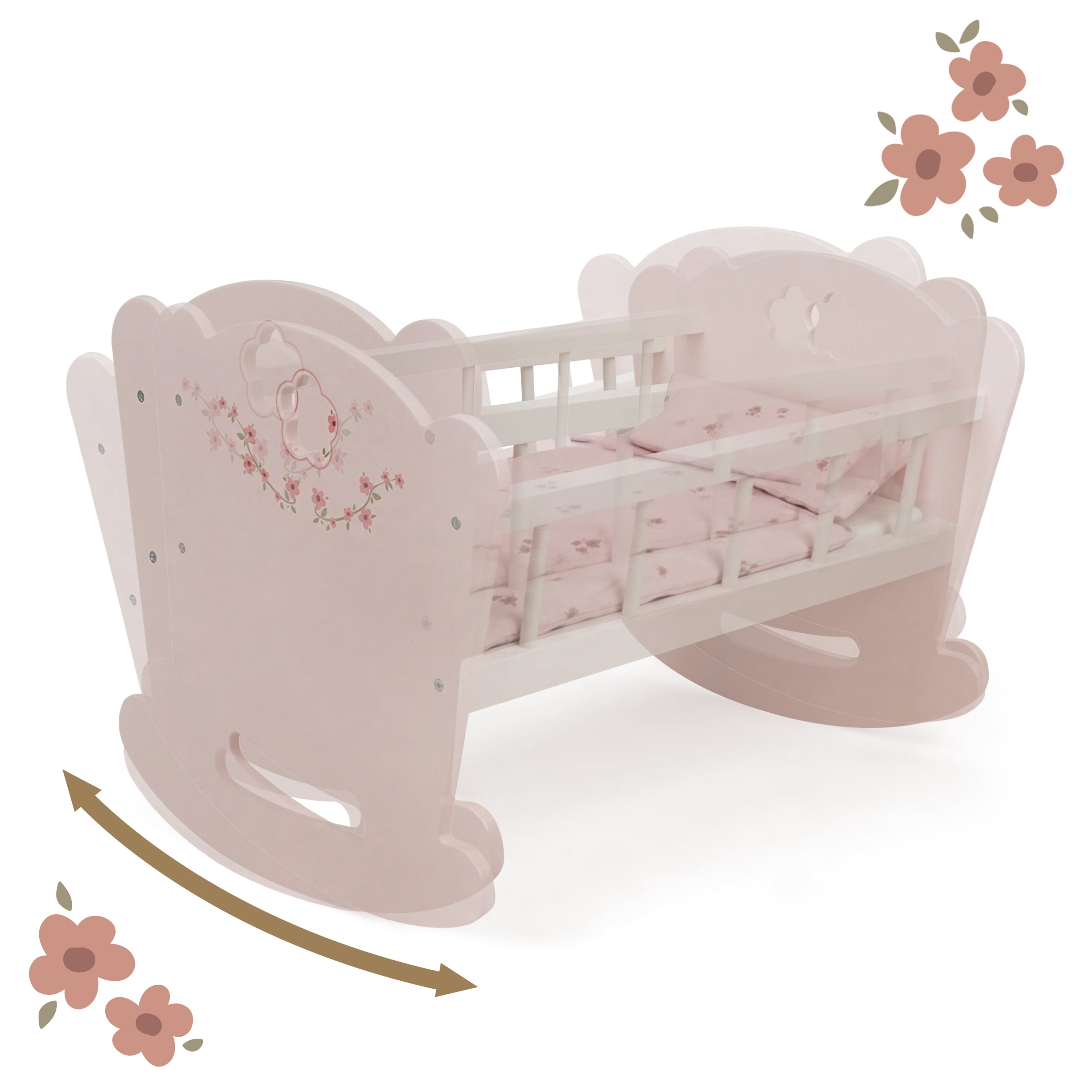 509 Crew - Ballet Flora - Berceau en bois pour poupée - Rose fleuri, accessoire pour poupée, mouvement de bercement doux, matelas et oreiller, jouet d'imitation, enfants de 3 ans et plus