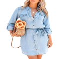 thumbnail image 1 of PENGXIANG Robe en Denim à Manches Longues pour Femmes, Robe Chemise en Denim Boutonnée, Printemps Automne, Décontractée, Taille à Nouer, Robe en Jean Bleu Pâle L, 1 of 5