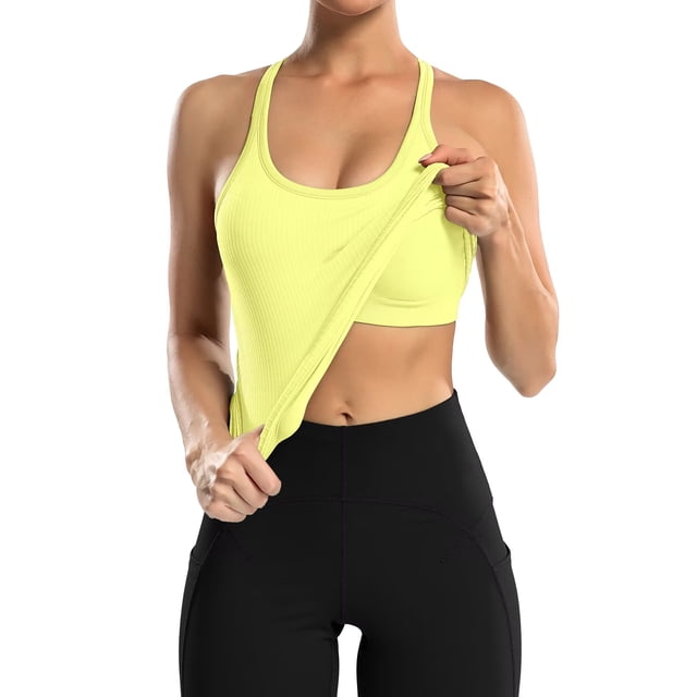Charmo Women's Ribbed Camisole Workout Tank Tops with Built in Bra Basic Undershirt in a vibrant yellow color. The tank top features a racerback design, ribbed texture, and a built-in bra with removable padding. Made from 89% nylon and 11% spandex, it offers stretch, breathability, and a seamless look under clothing. Ideal for yoga, fitness, or casual wear, it is shown paired with black high-waisted leggings.