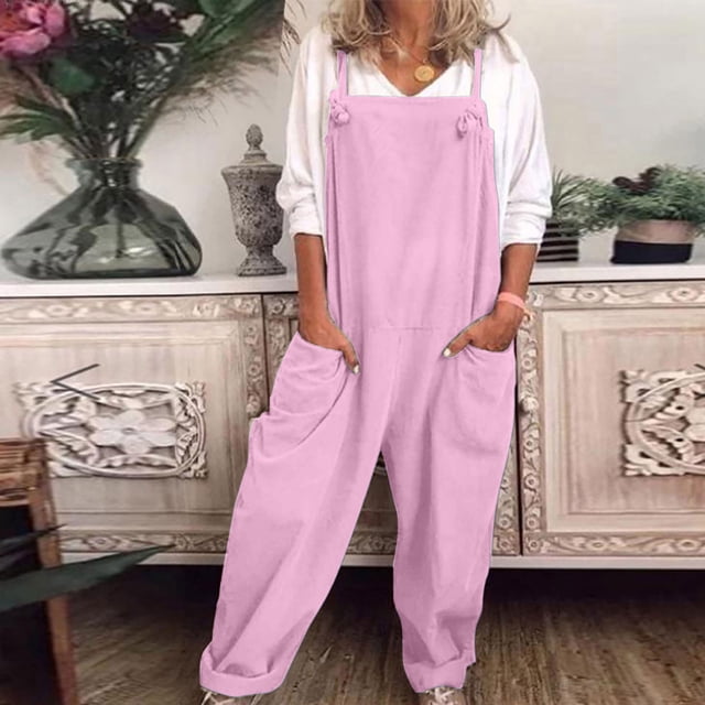 Qertyioot Combinaison pour Femmes Grande Taille Combinaisons Décontractées Amples en Coton et Lin